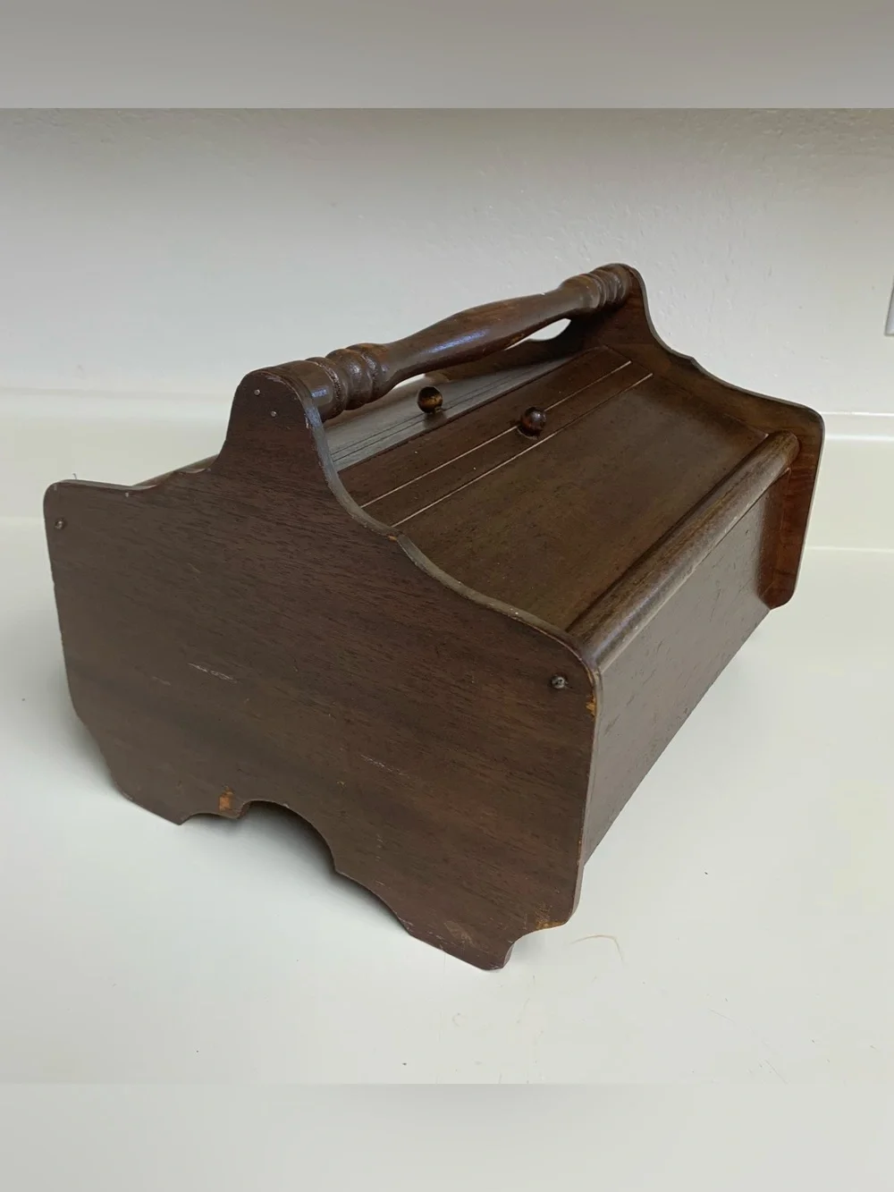 Vintage Wooden Sewing Box with Handle - Dark Brown